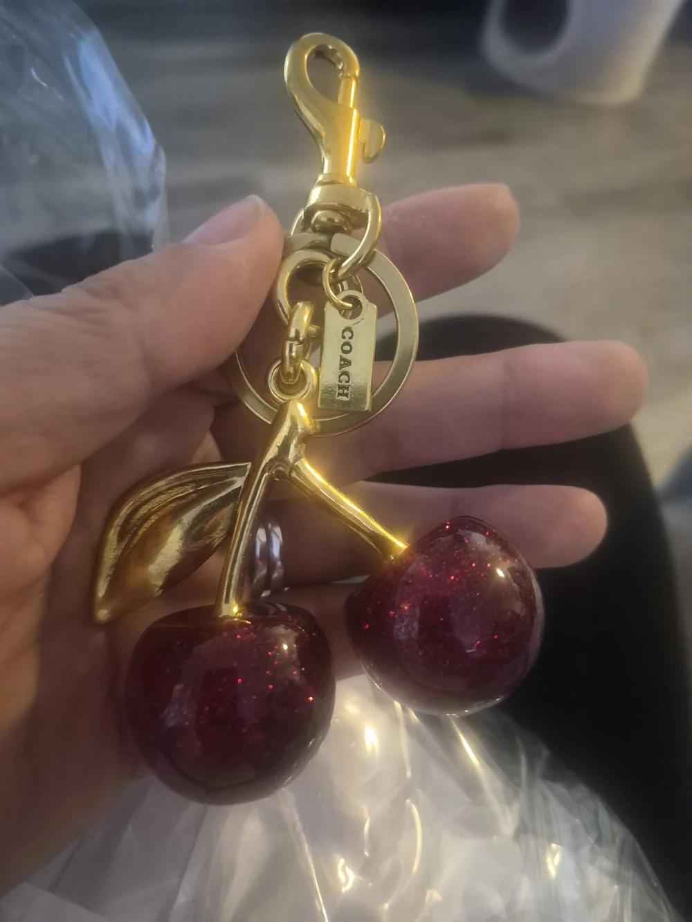 Gold Cherry Keychain - Red Glitter Cherries